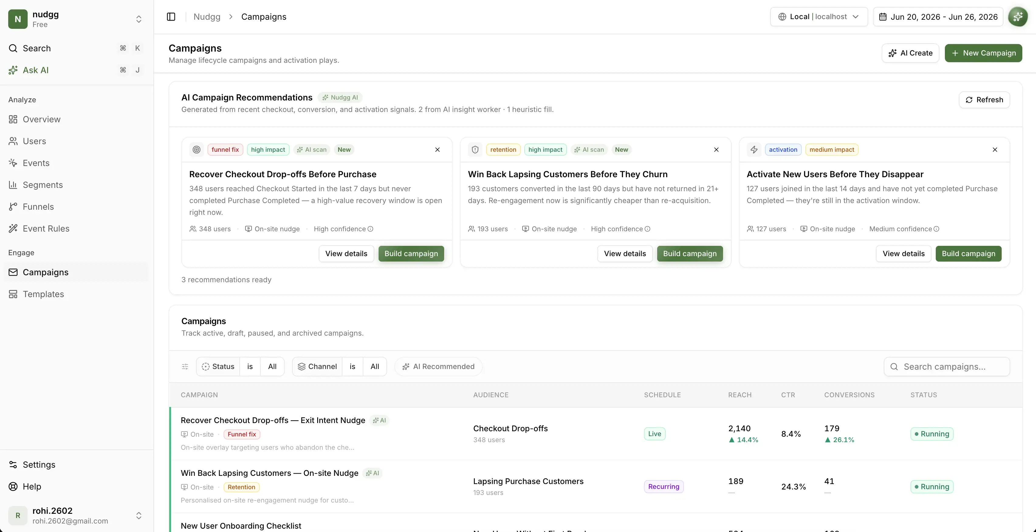 Nudgg campaigns dashboard showing targeted nudges and lifecycle actions